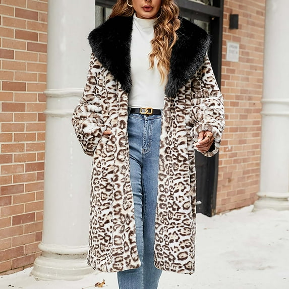 Qetyuw Womens Leopard Faux Fur Long Coat Long Sleeve Vintage Open Front Cardigan Coats Winter Warm Casual Jacket