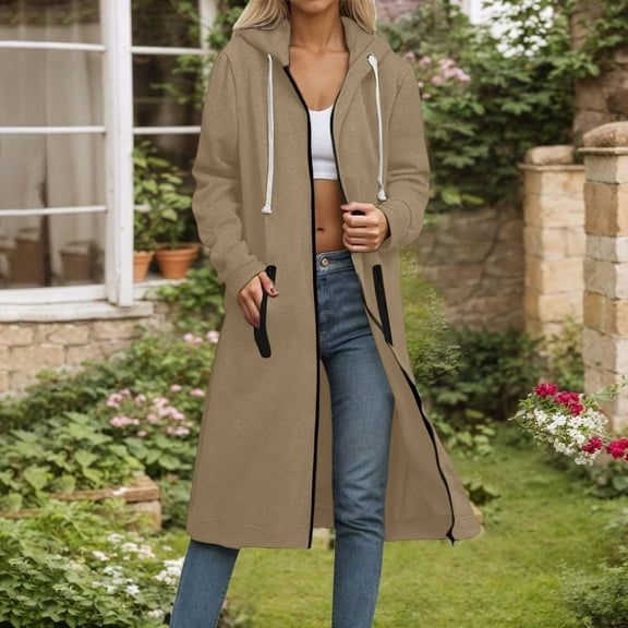 Qetyuw Womens Long Hooded Jacket Full Zip Up Long Sleeve Open Front Jackets Winter Plus Size Casual Coat Outwear
