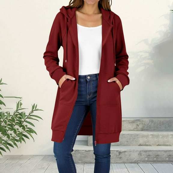 Qetyuw Womens Long Hooded Jackets Full Zip Up Oversized Cadigans Coats Casual Lightweight Long Sleeve Jacket