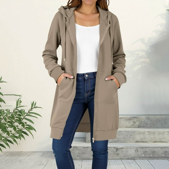 Qetyuw Womens Long Hooded Jackets Full Zip Up Oversized Cadigans Coats Casual Lightweight Long Sleeve Jacket