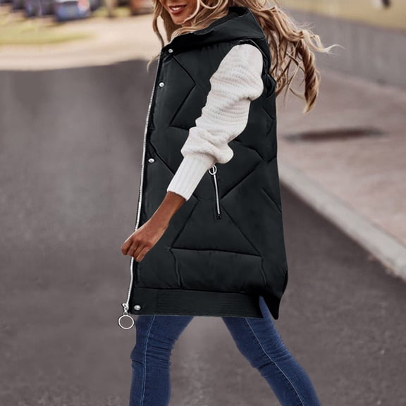 Qetyuw Womens Long Puffer Vest Sleeveless Full Zip Up Hooded Down Coat Oversized Winter Casual Jacket