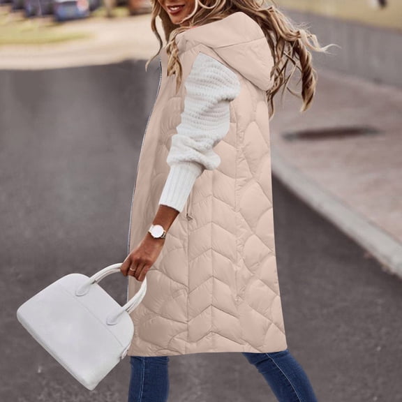 Qetyuw Womens Long Sleeveless Puffer Jacket Winter Casual Open Front Down Coat Vest Full Zip Up Warm Coats with Hood