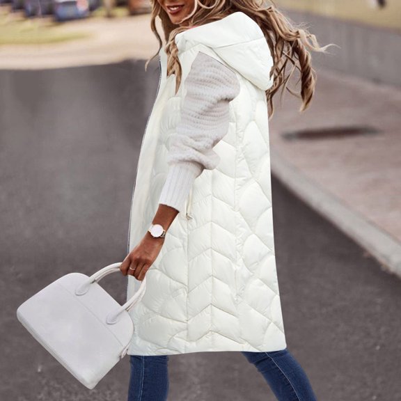 Qetyuw Womens Long Sleeveless Puffer Jacket Winter Casual Open Front Down Coat Vest Full Zip Up Warm Coats with Hood