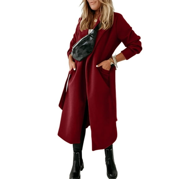 Qetyuw Womens Long Trench Coat Wool Blend Long Sleeve Peacoat with Belt Lapel Casual Chunky Overcoat