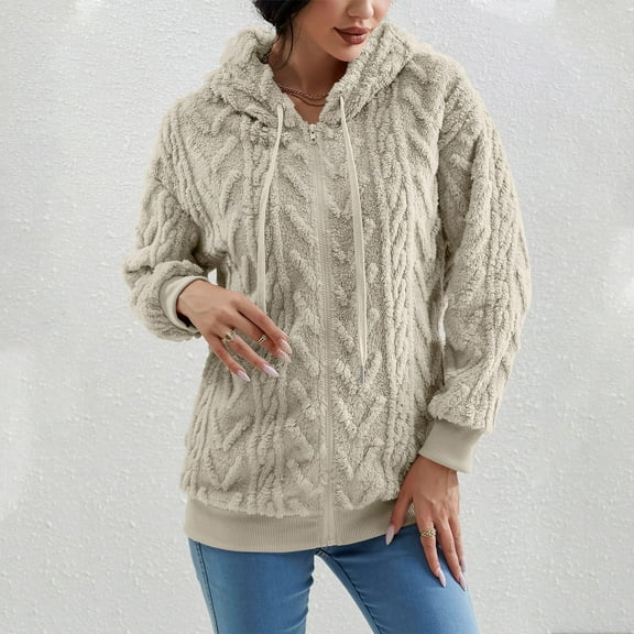 Qetyuw Womens Loose Plush Jackets Soft Comfy Hoodies Coats Plaid Drawstring Zip Up Outwear with Pockets Ladies Winter Jackets