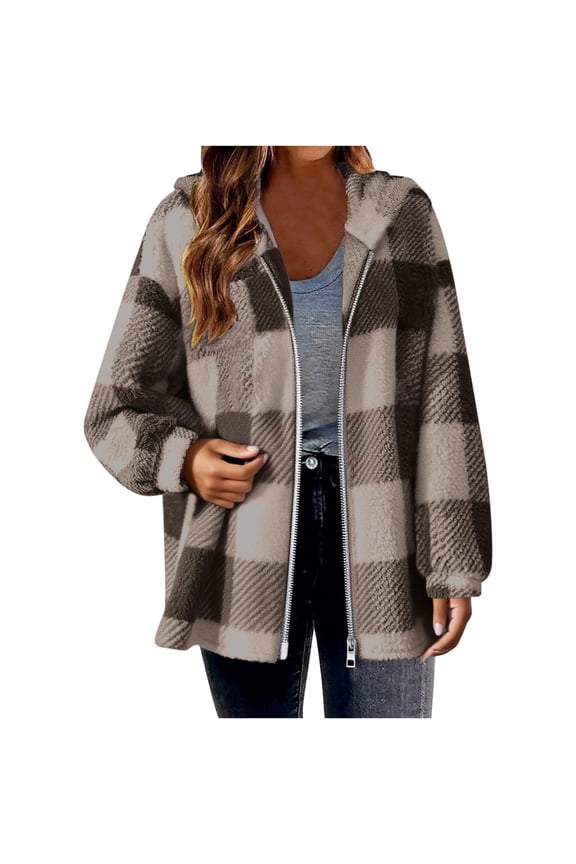 Womens Oversized Hooded Jackets Fuzzy Full Zip Up Checkered Open Front Cardigan Coats Casual Long Sleeve Jacket