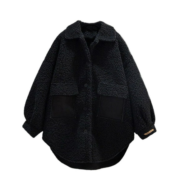 Qetyuw Womens Plus Size Fuzzy Fleece Jackets Loose Warm Lapel Coats with Pockets Soft Trendy Curved Hem Long Sleeve Outerwear Button Down Coat