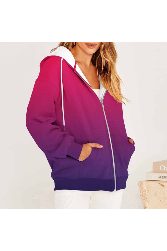 Womens Plus Size Gradient Hooded Jacket Drop Shoulder Long Sleeve Zip Up Open Front Coat Fashion Casual Jackets