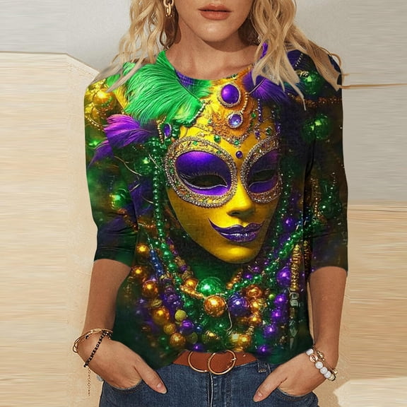 Qetyuw Womens Plus Size Mardi Gras Shirt 3/4 Sleeve Purple Yellow Green Mask Graphic Tshirts Lightweight Carnival Party Shirts