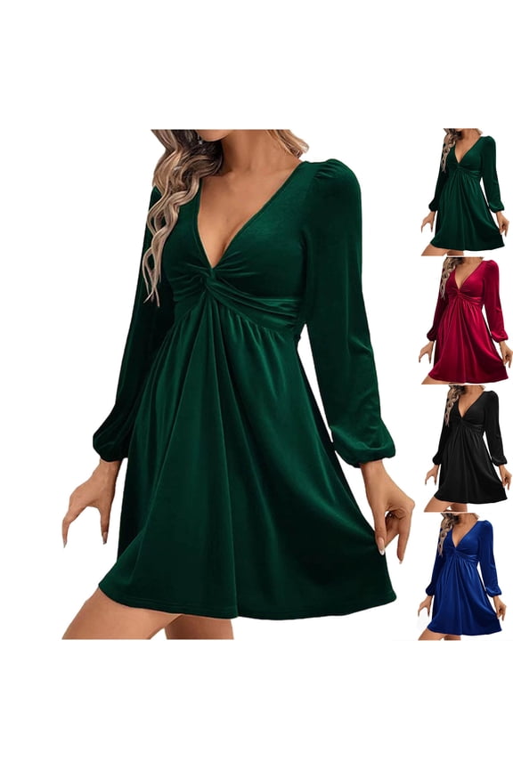 Womens Puff Long Sleeve Velvet Dress Trendy Deep V Neck Holiday Cocktail Party Formal Mini Dresses for Wedding Guest