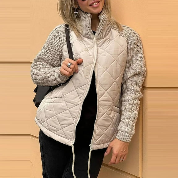 Qetyuw Womens Quilted Puffer Jacket Patchwork Long Sleeve Casual Down Coat Plus Size Stand Collar Zipper Coats Outwear
