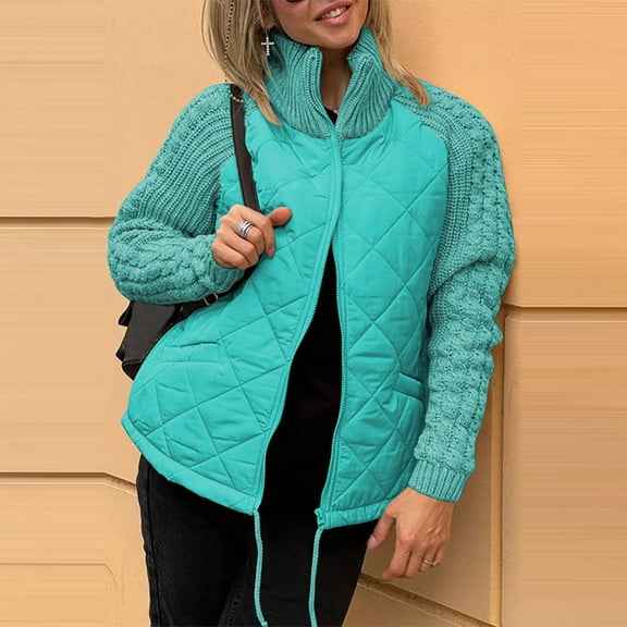 Qetyuw Womens Quilted Puffer Jacket Patchwork Long Sleeve Casual Down Coat Plus Size Stand Collar Zipper Coats Outwear