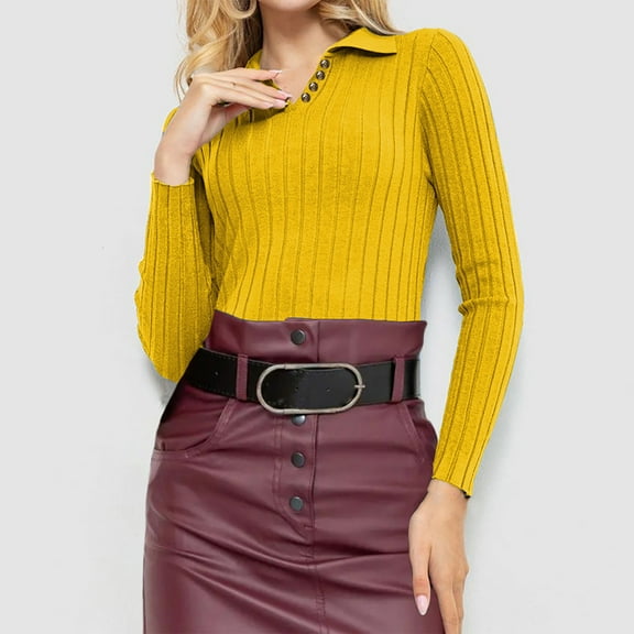 Qetyuw Womens Ribbed Knitted Sweater Slim Fit Long Sleeve V Neck Pullover Solid Color Casual Basic Sweaters