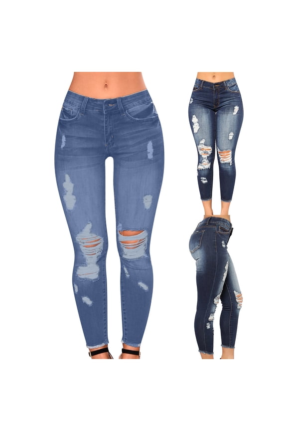 Womens Ripped Jeans Distressed Denim Pants Low Rise Skinny Pants with Pockets Stretch Slim Fit Leggings Fashion Washed Streetwear Trousers