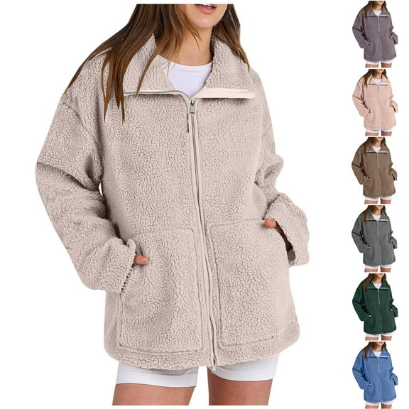 Qetyuw Womens Sherpa Jackets Fuzzy Fleece Full Zip Up Lapel Jacket Winter Warm Casual Outwear with Pockets