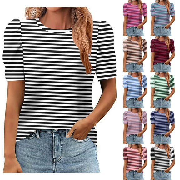 Qetyuw Womens Short Sleeve Tops Striped Dressy Casual Shirts Puff Sleeve Crew Neck Classic Tshirt Loose Comfy Tee Shirts