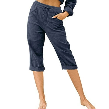 Qetyuw Womens Solid Cotton Pants with Pockets Loose Rolled Hem Straight Wide Leg Pants Casual Capri Pants Female Button-up Elastic Waist Pants