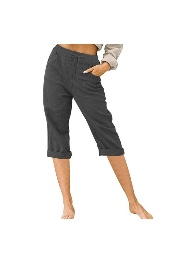 Womens Solid Cotton Pants with Pockets Loose Rolled Hem Straight Wide Leg Pants Casual Capri Pants Female Button-up Elastic Waist Pants