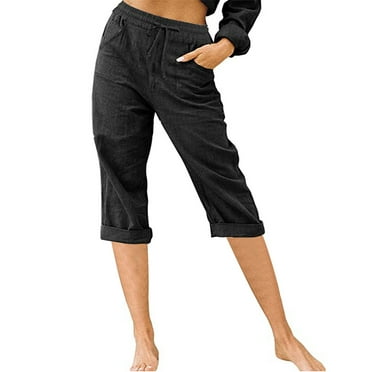 Qetyuw Womens Solid Cotton Pants with Pockets Loose Rolled Hem Straight Wide Leg Pants Casual Capri Pants Female Button-up Elastic Waist Pants