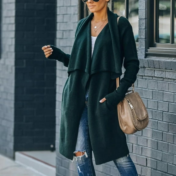 Qetyuw Womens Solid Knit Long Cardigan Casual Long Sleeve Open Front Cardigans Loose Fit Cozy Coat Outerwear