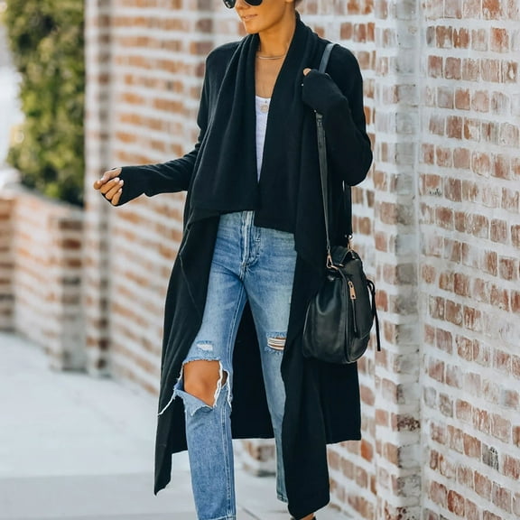 Qetyuw Womens Solid Knit Long Cardigan Casual Long Sleeve Open Front Cardigans Loose Fit Cozy Coat Outerwear