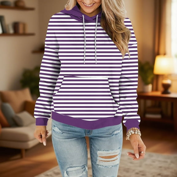 Qetyuw Womens Striped Hoodies Drop Shoulder Long Sleeve Hooded Pullover Casual Loose Sweatshirts with Pocket