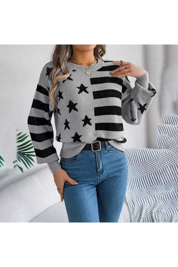 Womens Striped Sweater Knitted Star Print Lantern Long Sleeve Pullover Sweaters Casual Crew Neck Chunky Jumpers