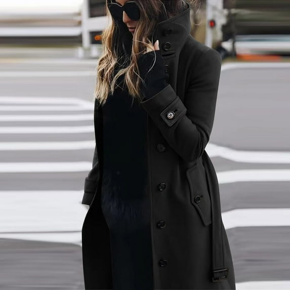 Qetyuw Womens Trench Coat Casual Long Sleeve Lapel Peacoat Belted Slim Overcoat Winter Chunky Single Breasted Coats