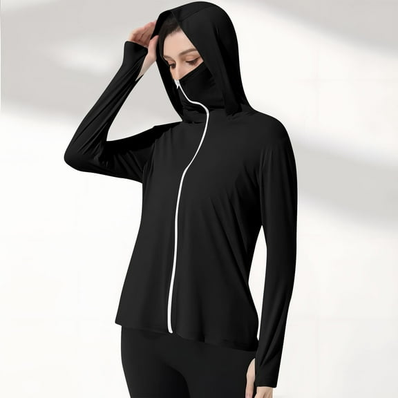 Qetyuw Womens UPF 50  Sun Protection Jacket Long Sleeve Thumb Hole Hoodies Full Zip Up Shirts with Face Mask Solid Color Hiking Outdoor Cooling Ice Silk Tops