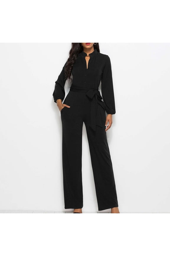 Womens V Neck Jumpsuits Dressy Long Sleeve Overalls Elegant Belted Business Onesie Straight Leg Slim Fit Pants Work Office Romper with Pockets