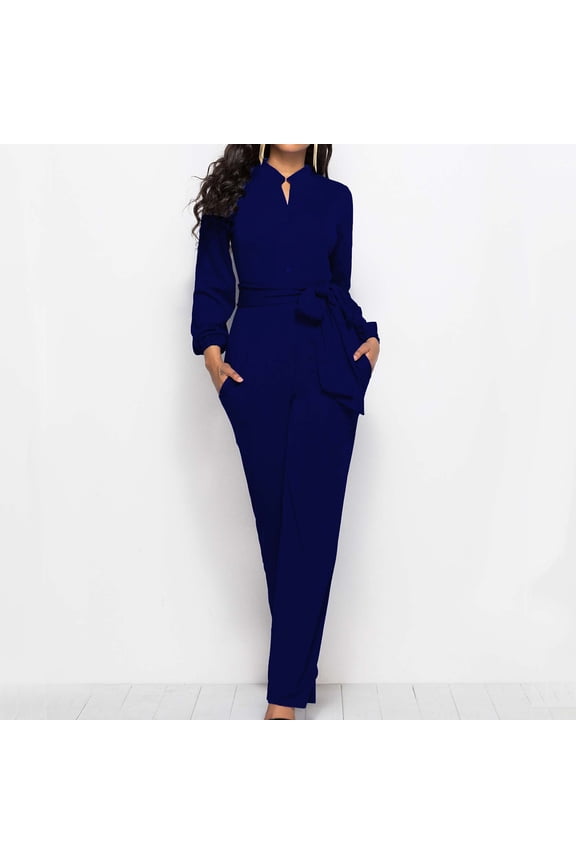 Womens V Neck Jumpsuits Dressy Long Sleeve Overalls Elegant Belted Business Onesie Straight Leg Slim Fit Pants Work Office Romper with Pockets