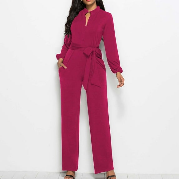Qetyuw Womens V Neck Jumpsuits Dressy Long Sleeve Overalls Elegant Belted Business Onesie Straight Leg Slim Fit Pants Work Office Romper with Pockets