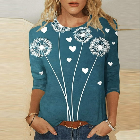 Qetyuw Womens Valentines Day Shirt 3/4 Length Sleeve Floral Print Tshirts Casual Crew Neck Shirts Summer Plus Size Tees