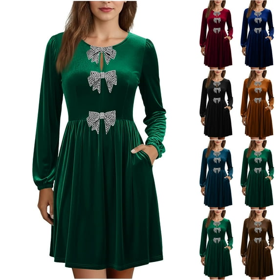 Qetyuw Womens Velvet Dress Fall Winter Puff Long Sleeve Bowknot High Waisted Ruffle Hem A-Line Cocktail Party Dresses for Wedding Guest