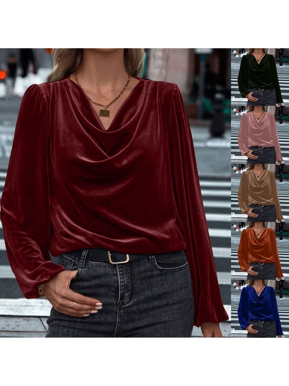 Womens Velvet Tops Cowl Neck Long Sleeve Shirts Holiday Party T Shirts Business Casual Plus Size Blouses Top