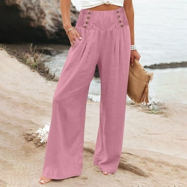 Qetyuw Womens Wide Leg Pants Comfy High Waisted Palazzo Pants Solid Color Summer Linen Pants Petite Ladies Beach Pants Trousers with Pockets