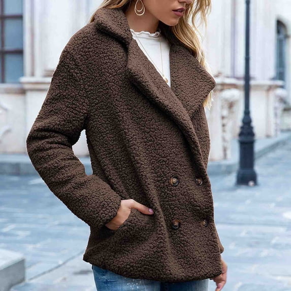 Qetyuw Womens Winter Faux Fur Cardigan Coat Oversized Lapel Open Front Overcoat Button Down Long Sleeve Jackets Outwear