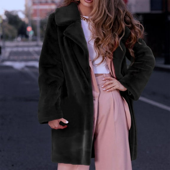 Qetyuw Womens Winter Faux Fur Long Cardigan Warm Casual Long Sleeve Open Front Coat Soft Lapel Jacket Outwear