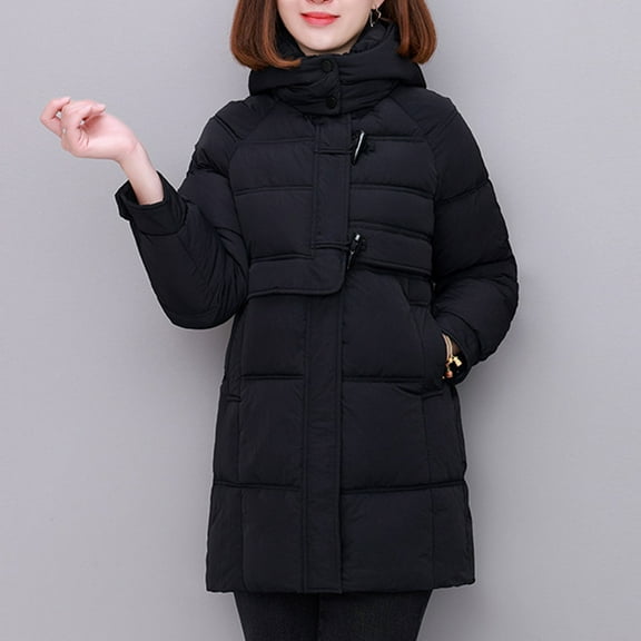 Qetyuw Womens Winter Hooded Puffer Jacket Solid Plain Mid-Length Thickened Down Jackets Padded Warm Quilted Coat Outerwear with Pockets