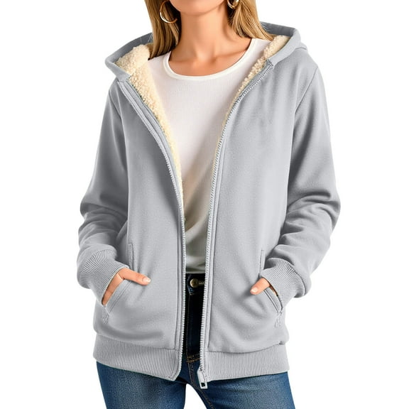Qetyuw Womens Winter Sherpa Lined Jacket Thickened Warm Long Sleeve Hooded Jackets Full Zip Up Casual Loose Coat