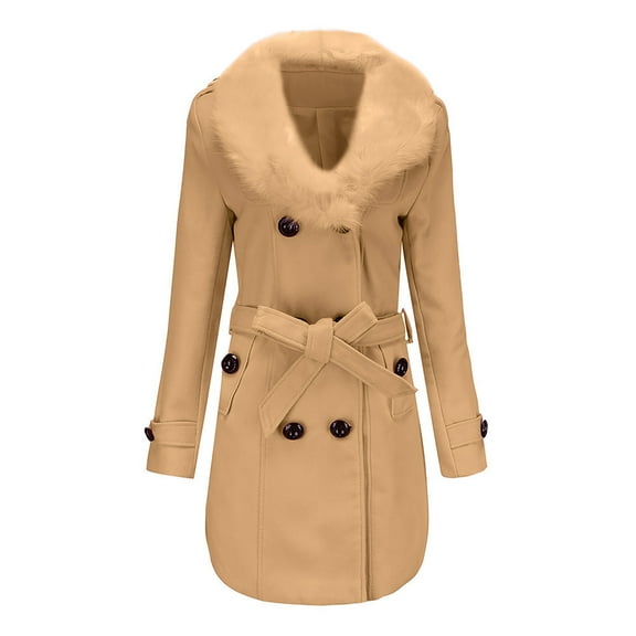 Qetyuw Womens Winter Trench Coat Faux Fur Collar Long Sleeve Peacoat Double Breasted Casual Chunky Warm Overcoat with Belt