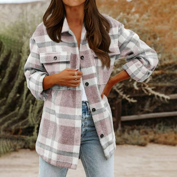 Qetyuw Womens Wool Blend Plaid Jacket Button Down Long Sleeve Open Front Coat Casual Lapel Cardigan Jackets