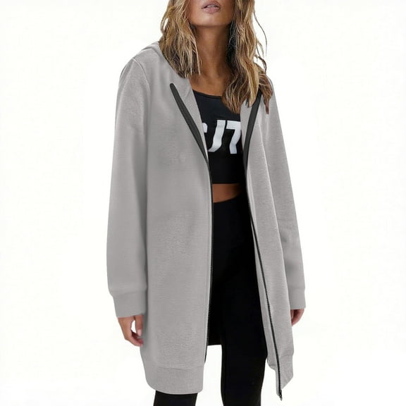 Qetyuw Womens Zip Up Hoodies Long Sleeve Oversized Hooded Jacket Solid Color Cardigan Casual Loose Fit Coat