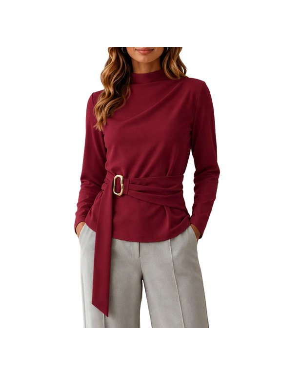 Business Casual Tops for Women Long Sleeve Belted Dressy Work Shirts Mock Neck Going out Office Blouses(Wine,X-Large)