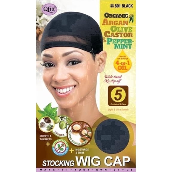 SE Qfitt Organic Stocking Wig Cap 801 Black  5 Pack Stretch Wig Caps with Argan, Olive, Castor & Peppermint Oils