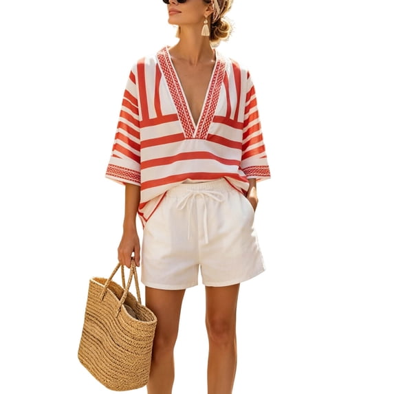 QGJZVUNL Two Piece Lounge Set for Women Boho Summer Outfits Loose V Neck Top and Shorts Vacation Clothes Size 3XL