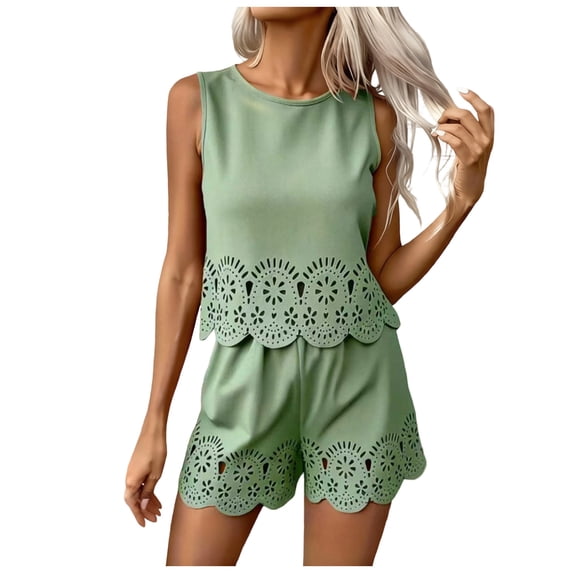 QGJZVUNL Women's 2 Piece Short Sets Eyelet Tank Tops High Waisted Shorts with Pockets Summer Outfits Size M