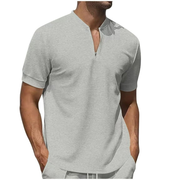 Qgtaibl 1/4 Zip Henley Shirts for Men Summer Short Sleeve T-Shirt Solid Color Casual Beach Vacation Daily Tee Gray,XXXL