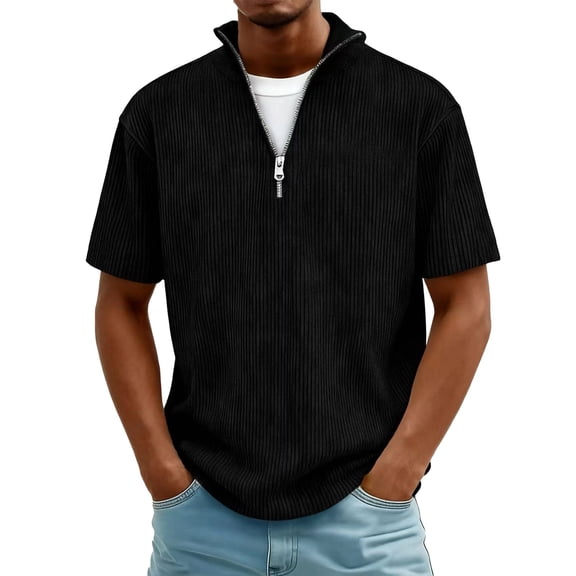 Qgtaibl 1/4 Zipper Shirts for Men Corduroy Short Sleeve Collared T-Shirt Casual Loose Fit Pullover Tops Summer Lightweight Daily Tees Black,S