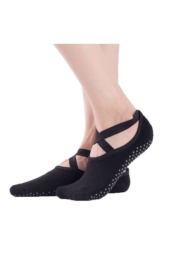 1 Pair Women's Non Slip Dance Socks Solid Color Yoga Workout Grip Sock with Cross Straps (Black Free Size)